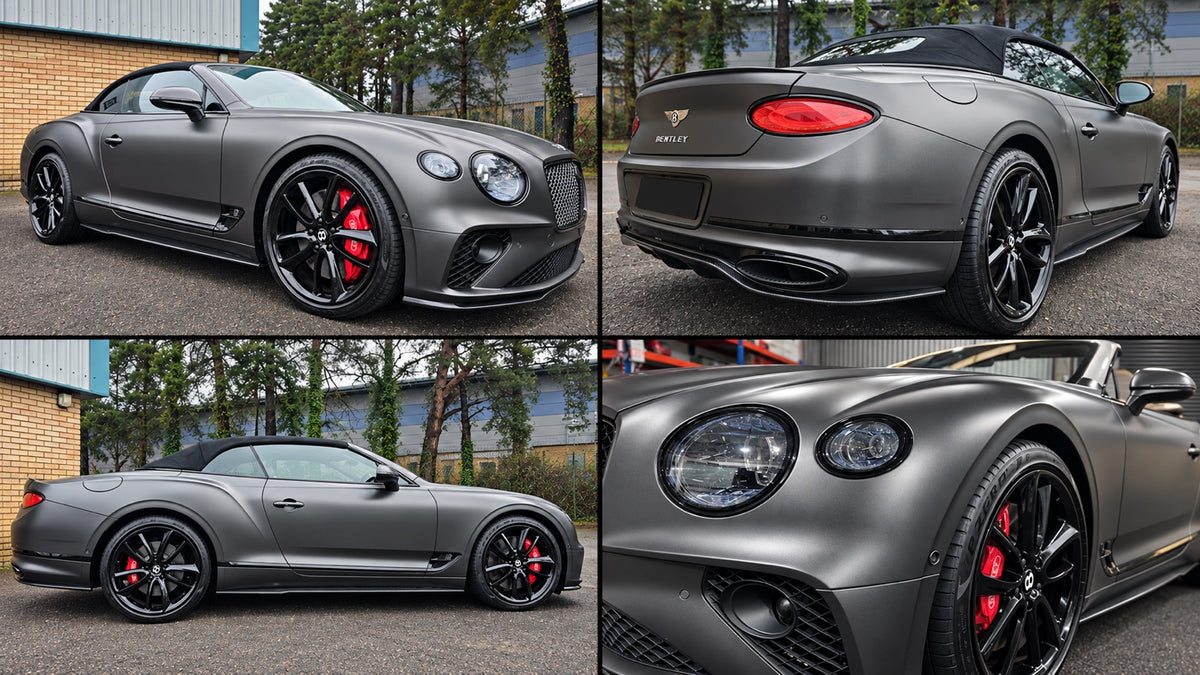 Bentley GTC fully wrapped by Wraptastic in Gunmetal Grey Satin, shown from four angles.