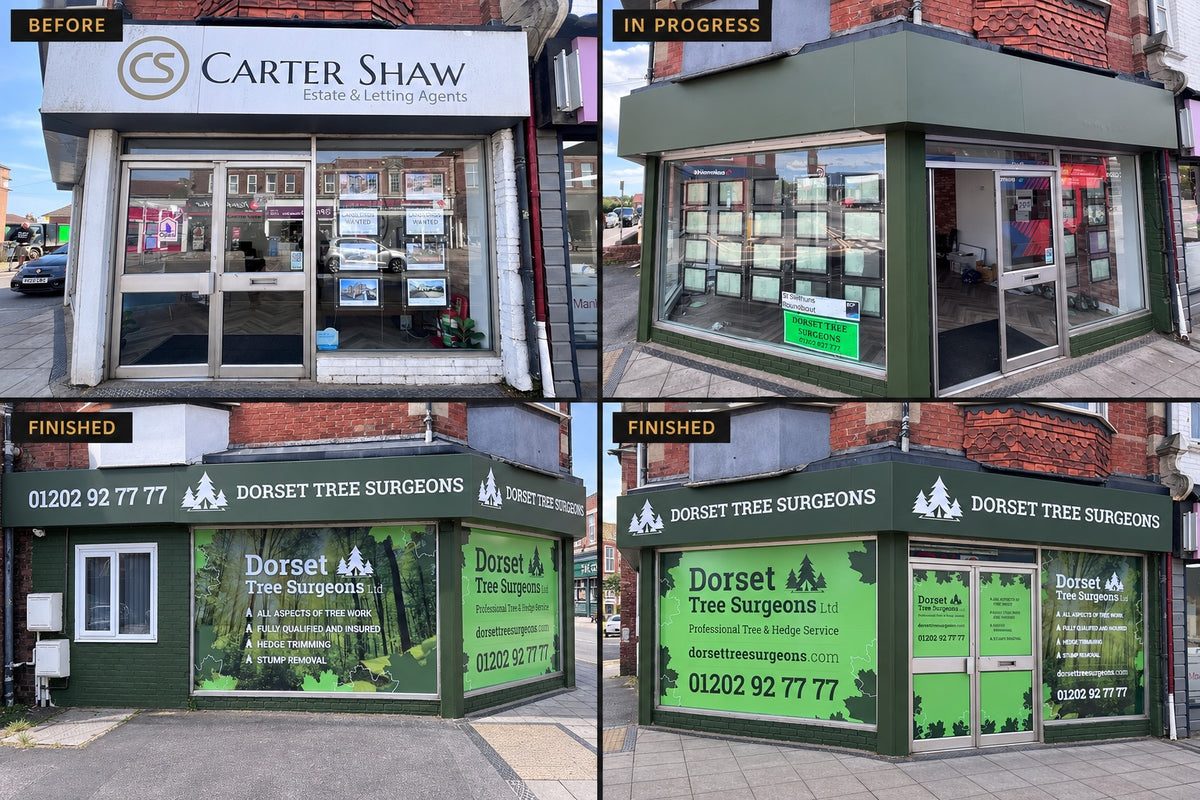 Dorset Tree Surgeons shopfront transformation in Poole by Wraptastic, showing the frontage before, during and after the green fascia wrap and printed window graphics.