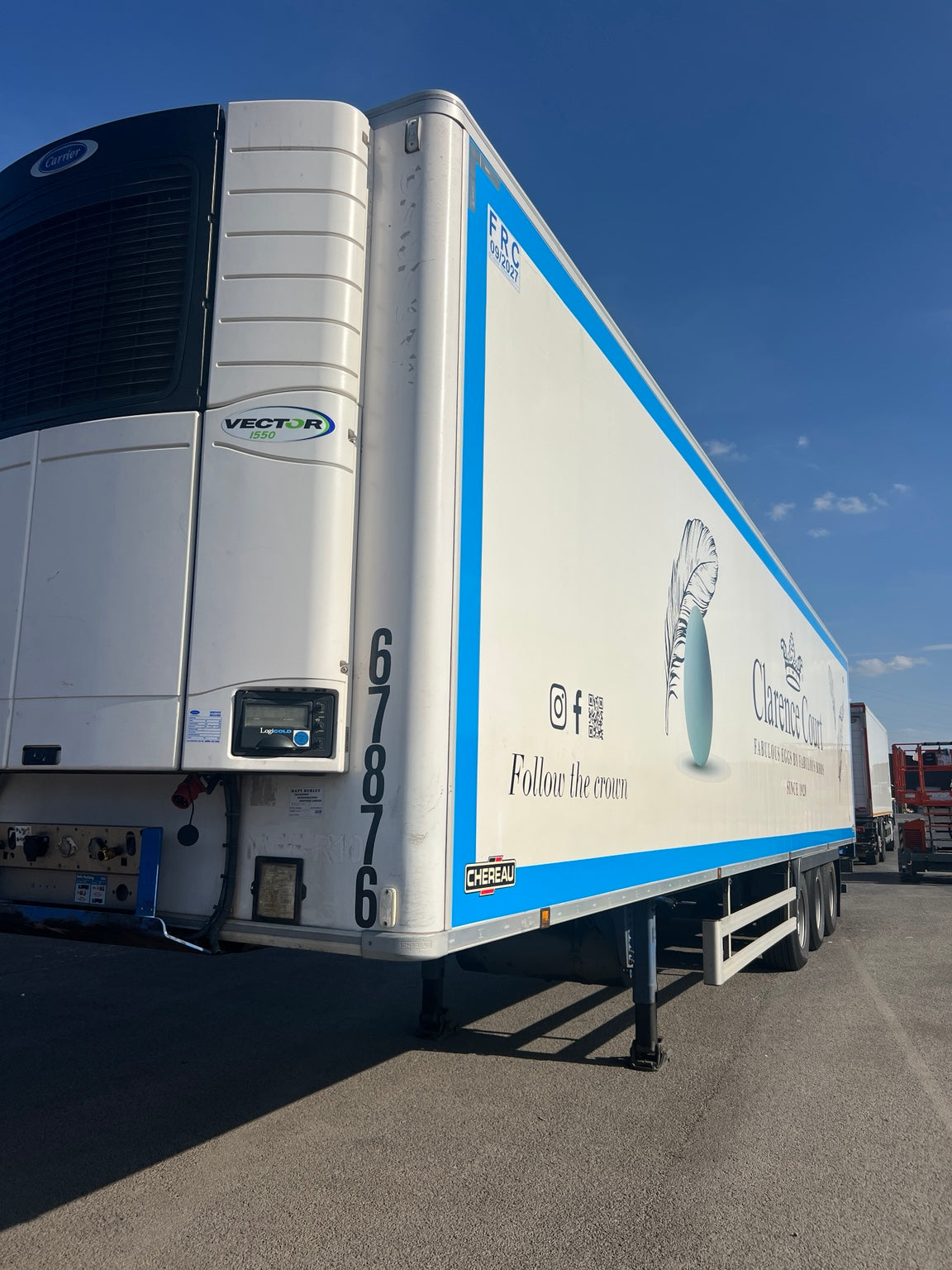 Clarence Court trailer wrap viewed from the front corner; installation only by Wraptastic