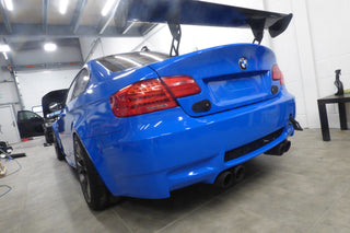 BMW M3 race car wrapped in 3M Gloss Blue, rear bumper and boot detail