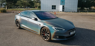 Tesla Model S colour-shifting wrap by Wraptastic, front three-quarter view
