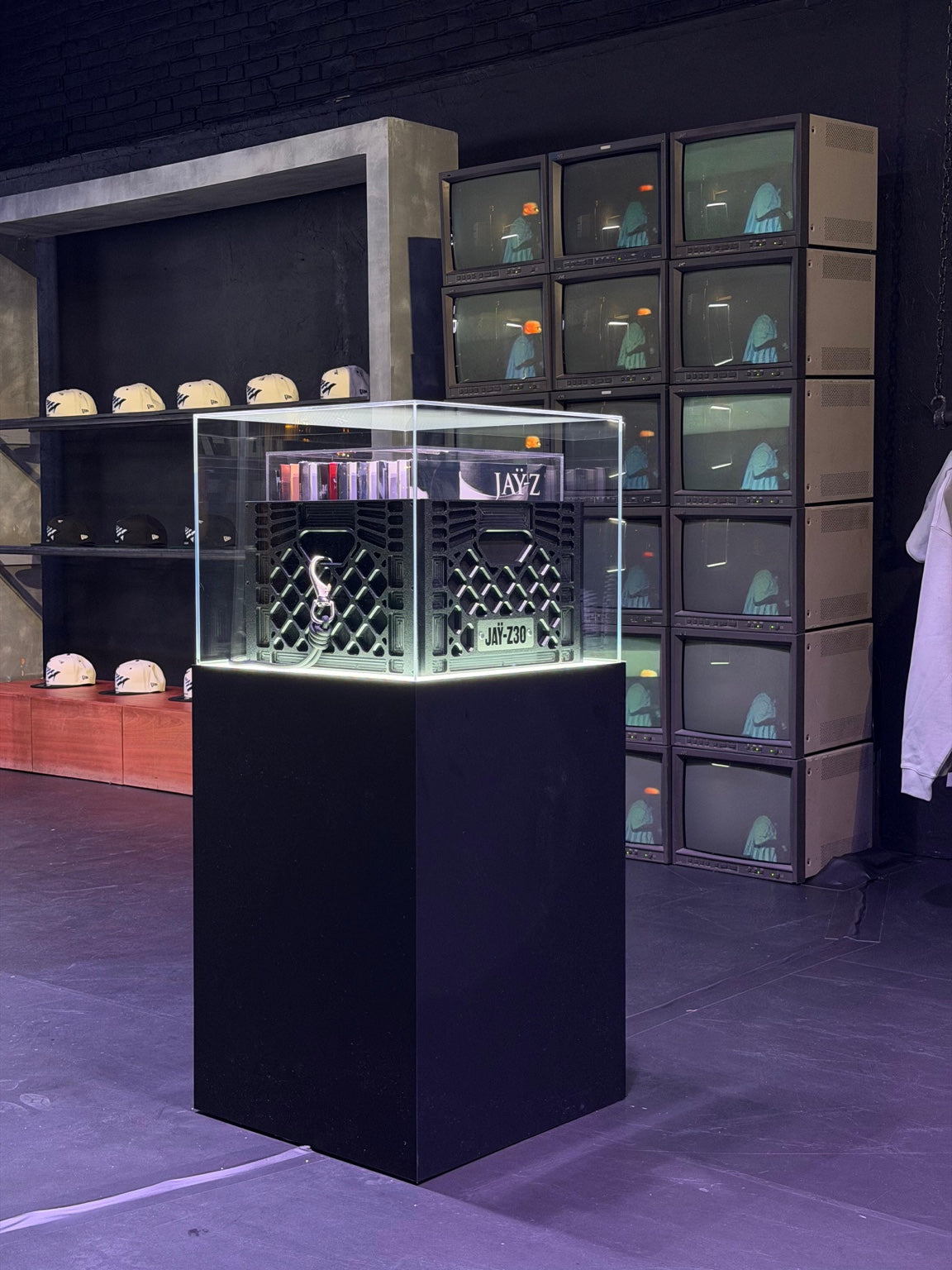 JAY-Z display plinth and screen wall in the Camden Town pop-up installation