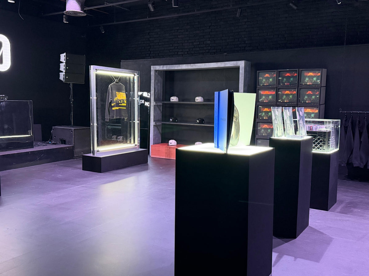 Illuminated merchandise displays in the JAY-Z Camden Town pop-up shop installed by Wraptastic